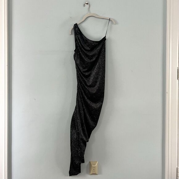 NWT Gibson Latimer Black Velvet Silver One Shoulder Asymmetric Ruched Midi Dress - Picture 2 of 6